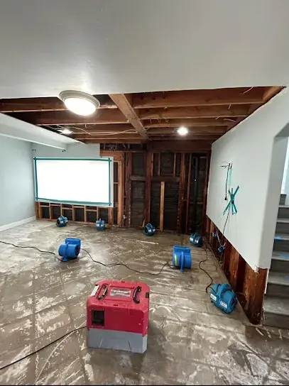Air movers and a dehumidifier drying a lower-level room with the ceiling opened
