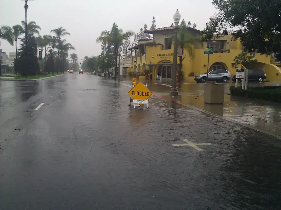A flooded residential street lined with palm trees during a heavy winter rainstorm