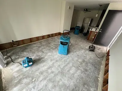 Air movers and a dehumidifier running in a stripped-out living space during a water damage job in Chula Vista