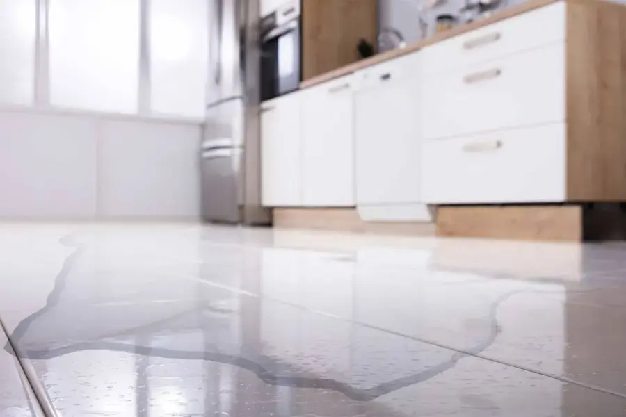 Water pooled across a kitchen floor in front of white cabinets and appliances