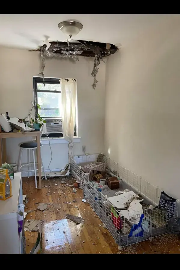 An apartment room with a collapsed, water-damaged ceiling and debris on the floor