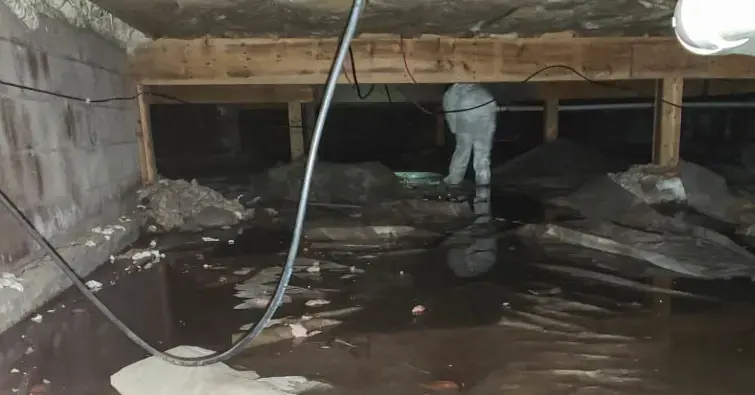 Standing water in a crawl space under a raised floor with a technician working at the far end